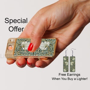 Pimpernel Electric Rechargeable Lighter, Vintage Art Nouveau Floral Ornament by William Morris, Golden Silver Metal Lighter, Gift For Her