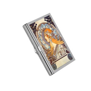Tarjetero con diseño del zodíaco, tarjetero Art Nouveau de Alphonse Mucha, diseño de impresión francesa, regalo elegante para ella, organizador artístico de tarjetas
