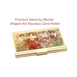 Tarjetero dorado con piedras preciosas de Alphonse Mucha, tarjetero floral Art Nouveau, elegante billetera fina, regalo para amantes del arte vintage.