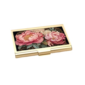 Porte-cartes de visite pivoine, Porte-cartes en aluminium doré à motif floral rose, Porte-cartes élégant pour femme, Cadeau élégant pour accessoire professionnel
