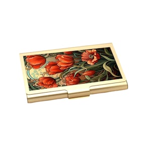 Porta biglietti da visita con tulipani rossi, design floreale Art Nouveau, porta carte di credito in alluminio in stile vintage, grazioso organizer per carte dorato per lei