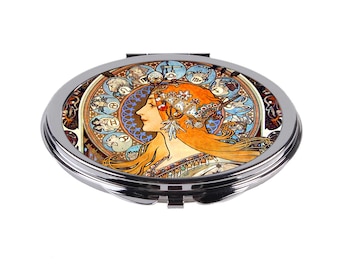 Espejo compacto del zodíaco, espejo de bolsillo con diseño de Alphonse Mucha, regalo de astrología vintage para ella, elegante espejo de maquillaje, accesorio de belleza para el bolso.