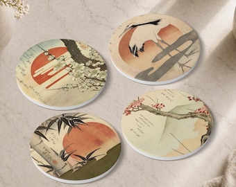 Set of 4 Japanese Art Coasters – Crane, Sakura, Rising Sun Design – Ceramic with Cork Backing, Gift for Tea Lovers & Home Decor