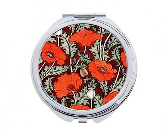 Red Poppies Pocket Mirror Floral Compact Mirror Art Nouveau Cosmetic Mirror Vintage Red Floral Ornament Makeup Mirror Gift Idea For Her