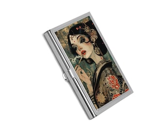 Smoking Woman Business Card Holder Vintage Art Deco Style Asian Smoking Girl Credit Card Holder Smoking Geisha Business Card Case For Her