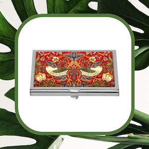 Porta-cartões de visita vermelho Strawberry Thief, porta-cartões de crédito William Morris Art Nouveau, estojo compacto floral vintage Bird, acessório de bolsa elegante