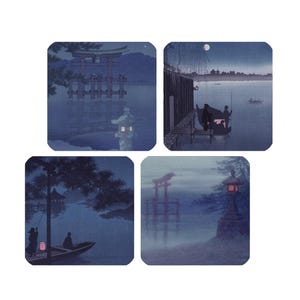 Japanse onderzetters bij maanlicht, ukiyo-e blauwe onderzetters, vintage nachtelijke waterscène, keramiek of gelamineerd karton met kurken basis, set van 4