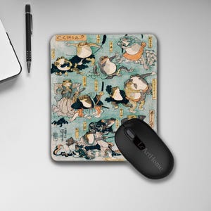Sumo Frogs Battle Mouse Pad, Japanese Samurai Frog Art Blue Mousepad, Vintage Japanese Print, Quirky Frog Gift for Him, Japanese Art Decor