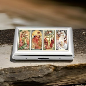 Portasigarette Alphonse Mucha Seasons, scatola per fumatori Art Nouveau, custodia in metallo vintage, elegante regalo artistico, elegante accessorio per fumatori