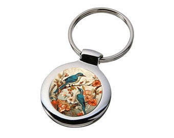 Birds Key Ring Art Nouveau Flowers And Birds Keychain Floral Birds Keyring Silver Tone Key Ring Metal Fob For Her