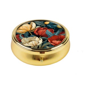 Elegant Floral Pill Box Organizer, Vintage Red Yellow Beige Flowers Design, Travel Compact Pill Case, Small Jewelry Holder, Gift for Her