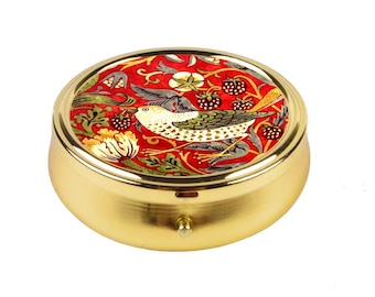 Red Strawberry Thief Pill Box, Vintage  William Morris Floral Bird Design, Compact Pocket Medicine Case, Cute Jewelry Box, Elegant Accessory