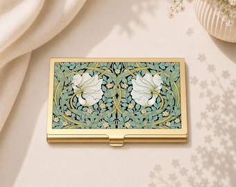 Gouden pimpernel visitekaartjeshouder van William Morris, art nouveau bloemdessin aluminium behuizing, elegant accessoire voor kaarthouder, stijlvol cadeau