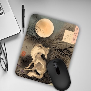 Wolf Under the Moon Mouse Pad, Tsukioka Yoshitoshi Art, Ukiyo-e Style, Vintage Japanese Print, Unique Desk Accessory, Gift Idea for Him