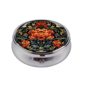 Floral Pill Box, Vintage William Morris Style Medicine Organizer, Compact Jewelry Case, Artful Pocket Accessory, Elegant Gift Idea for Her
