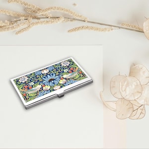 Strawberry Thief Business Card Holder- Art Nouveau William Morris Bird & Floral Design, Elegant Aluminum Card Case, Unique Accessory for Her
