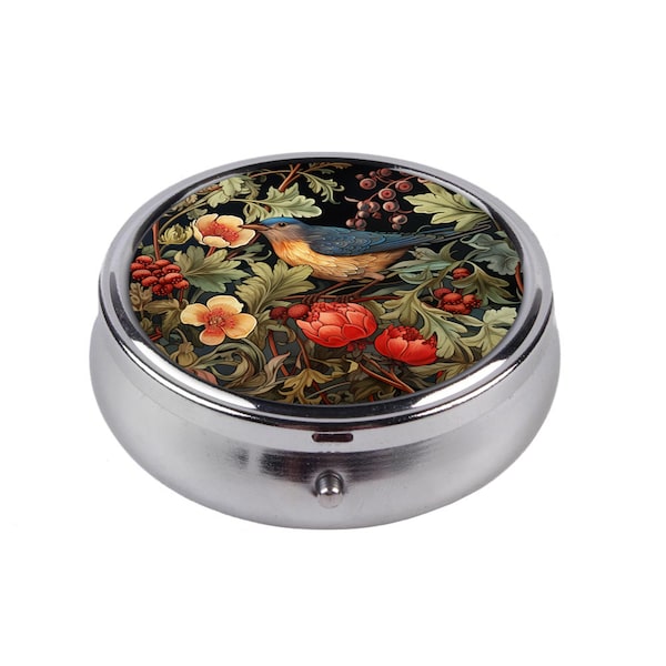 Pill Box Art Nouveau Pill Container Flowers And Bird Pocket Medicine Pill Box Vintage Style Pill Case Holder Floral Birds Pill Box For Her