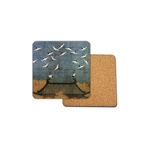 Cranes on the Roof Coasters, Chinese Vintage Art, Emperor Huizong Song Coasters, Antique Art Cork Base Coasters, Gift for Her, Drinks Mats