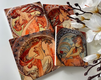 Set di 4 sottobicchieri di Alfons Mucha, stampe vintage di donne in stile Art Nouveau, sottobicchieri per bevande, sottobicchieri in sughero, arte di Alfons Mucha, idea regalo per lei
