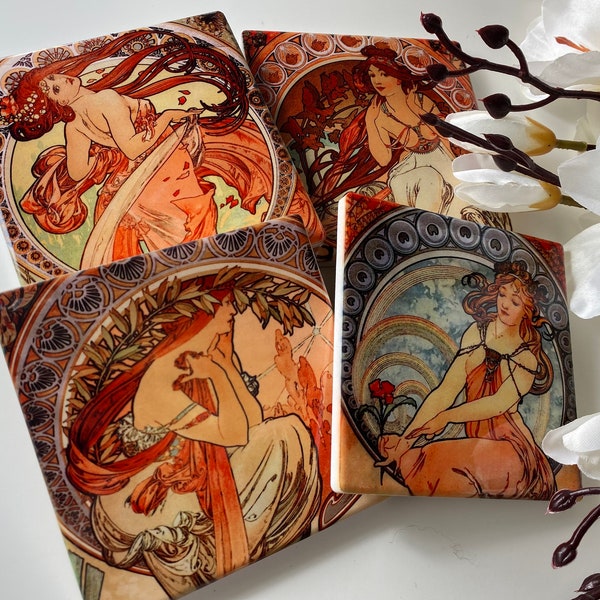 Art Nouveau Coasters Set Alfons Mucha Art Vintage Art Nouveau Vrouwen Prints Kurk Drankjes Alphonse Mucha Coasters Cadeau Idee voor haar