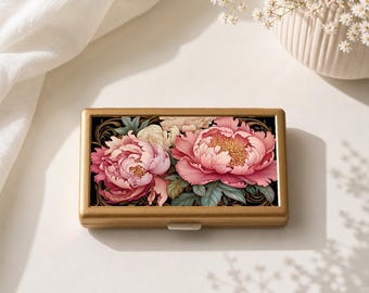Portasigarette Art Nouveau con peonia, oro e rosa, con motivo floreale, da tasca, stile vintage, accessorio per fumatori, regalo elegante