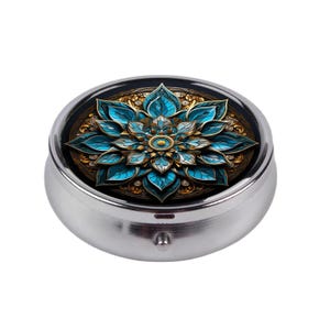 Blue Gold Mandala Pill Box, Compact Art Nouveau Floral Pill Holder, Elegant Pocket Medicine Organizer, Travel Pill Case, Boho Jewelry Box