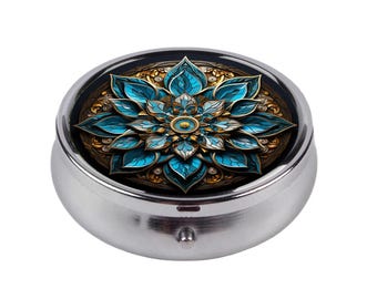 Blue Gold Mandala Pill Box, Art Nouveau Medicine Organizer