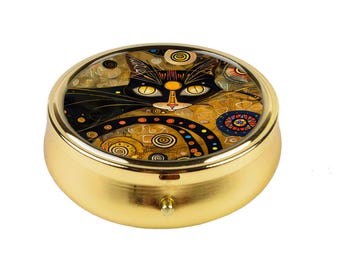 Black Cat Pill Box, Gustav Klimt Art Compact Pill Organizer, Vintage Style Gift
