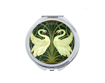 White Swans Compact Mirror Art Nouveau Floral Pocket Elegant Accessory Gift for Her