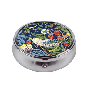 William Morris Strawberry Thief Pill Box, Art Nouveau Bird & Berry Medicine Organizer, Vintage Floral Pill Case, Compact Travel Accessory