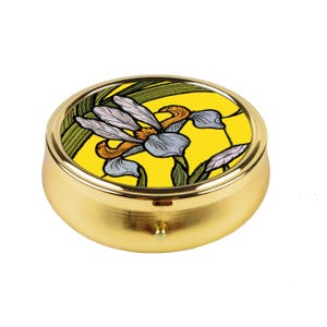 Portapillole Art Nouveau Iris, organizer da viaggio con fiori gialli, portamedicinali compatto vintage, regalo per donna, piccolo portapillole da borsetta