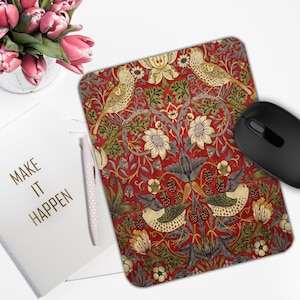 Red Strawberry Thief Mouse Pad William Morris Art, Floral Bird Mousepad, Vintage Office Decor Gift, Arts and Crafts Style Desk Accessory,