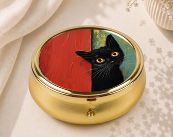 Black Cat Gothic Pill Box Feline Design Compact Vintage Organizer Cat Lover Gift