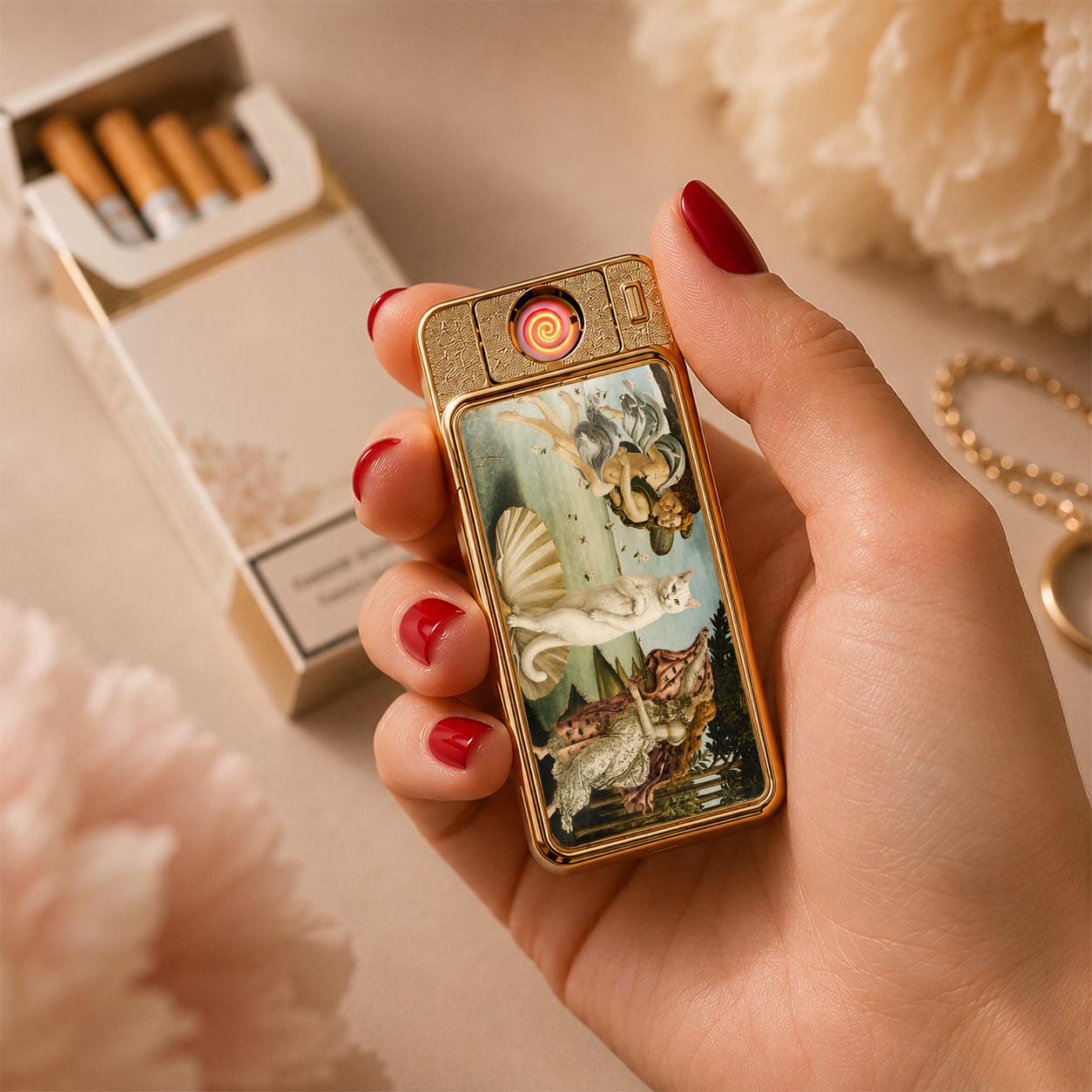 Birth of Venus Cat USB Lighter, Funny White Cat Art Electric Flameless Lighter, Renaissance Smoker Gift