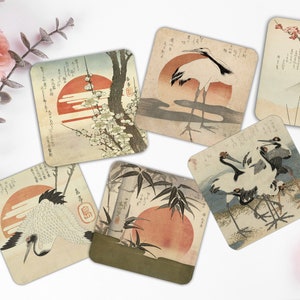 Onderzetters Set van 6 Vintage Japanse kunst vierkante ronde keramische onderzetters kranen Japanse vogels rijzende zon Sakura kurk onderzetters cadeau idee afbeelding 5