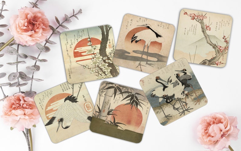 Onderzetters Set van 6 Vintage Japanse kunst vierkante ronde keramische onderzetters kranen Japanse vogels rijzende zon Sakura kurk onderzetters cadeau idee afbeelding 5