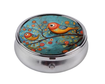 Vogel Floral Pill Organizer, Botanische Vitamin Fall, Metall Medizin Box, Geschenk für Sie