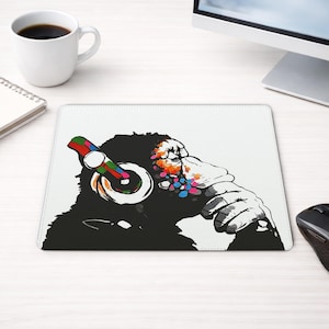 Podkładka pod mysz z małpką DJ-a, szablon Banksy'ego ze wzorem szympansa, modny dodatek do biurka muzycznego