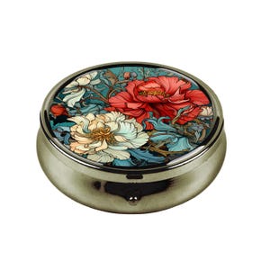 William Morris Style Pill Box Floral Medicine Organizer Vintage Art Nouveau Pill Case Elegant Travel Jewelry Holder Pocket Gift for Women