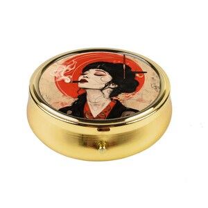 Portapillole Mystic Geisha, Portamedicinali in stile giapponese, Portapillole Vintage da Donna Fumatrice, Organizer da Viaggio Rotondo, Elegante Regalo Gotico per Lei