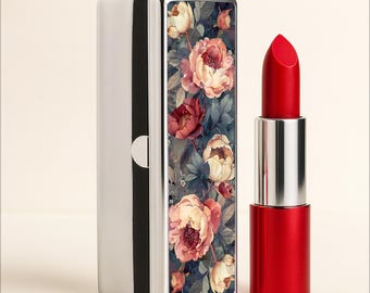 Peony Lipstick Case with Mirror Vintage Floral Makeup Holder Romantic Compact Lipstick Box Elegant Travel Accessory Pocket Gift for Her