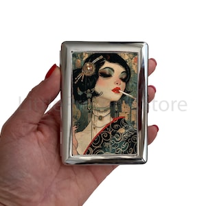 Art Deco Smoking Woman Cigarette Case - Asian-Inspired Elegant Accessory, Vintage Style Smoker Gift, Unique Gift for Her