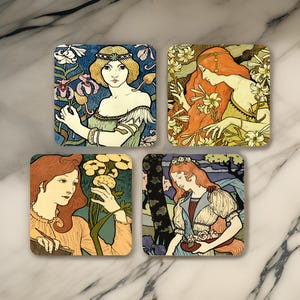 Set di sottobicchieri in stile Art Nouveau, sottobicchieri in ceramica d&#39;epoca francese, sottobicchieri in sughero Jugendstil, idea regalo per lei