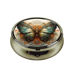 Butterfly Art Pill Box, Art Nouveau Pocket Organizer, Vintage-Style Butterfly Design, Metal Pill Case, Elegant Travel Accessory Gift for Her