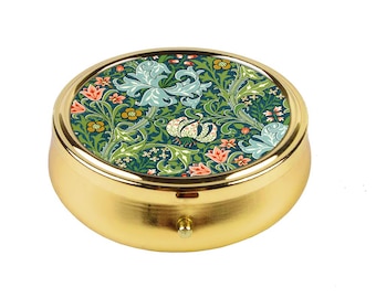 William Morris Golden Lily Pill Box Arts and Crafts Floral Design Compact Stainless Steel Pill Organizer