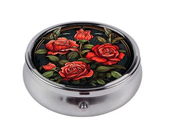 Gothic Art Deco Roses Pill Box, Vintage Floral Medicine Case, Dark Romantic Pill Holder, Elegant Rose Compact Organizer, Gift for Her