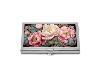 Art Nouveau Peony Card Holder, Floral Stainless Steel Wallet
