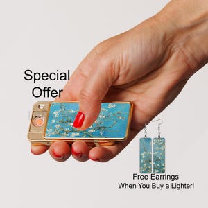 Almond Blossom Electric Rechargeable Lighter, Vintage Vincent Van Gogh Art, Golden Silver Metal Lighter, Cute Floral Accessory, Gift For Her