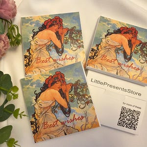 Seasons Alphonse Mucha cadeau-onderzetters, art nouveau-onderzetterset, Alfons Mucha-vrouwenafdrukken, vierkante decoratieve kartonnen onderzetters, geschenkdoosset