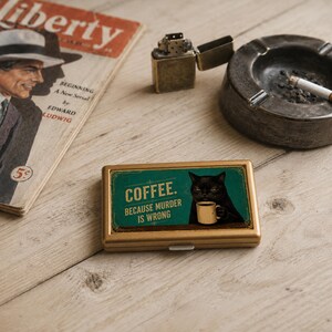 Svart katt cigarettfodral kaffe eftersom mord är fel, rolig rökargåva, vintage katttillbehör